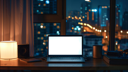 A close up of an open laptop with a blank white screen on the desk in front, with soft lighting from a lamp beside it. A window showing city lights outside at night. 