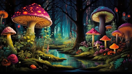 Fototapeta premium Enchanting Forest with Giant Mushrooms and Stream.