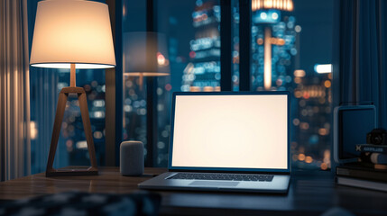 A close up of an open laptop with a blank white screen on the desk in front, with soft lighting from a lamp beside it. A window showing city lights outside at night. 