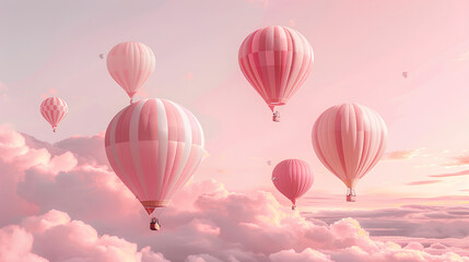 Fototapeta premium A group of hot air balloons floating in the sky, balloon is striped with pastel pink and white stripes, A light pastel colored clouds background, with a soft dreamy atmosphere, fantasy romantic 