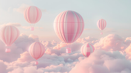 Fototapeta premium A group of hot air balloons floating in the sky, balloon is striped with pastel pink and white stripes, A light pastel colored clouds background, with a soft dreamy atmosphere, fantasy romantic 