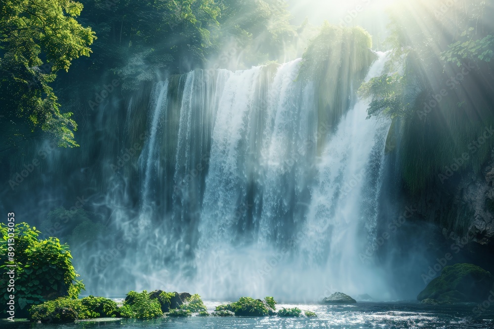 Poster sunlight illuminating waterfall cascading down rocky cliff face