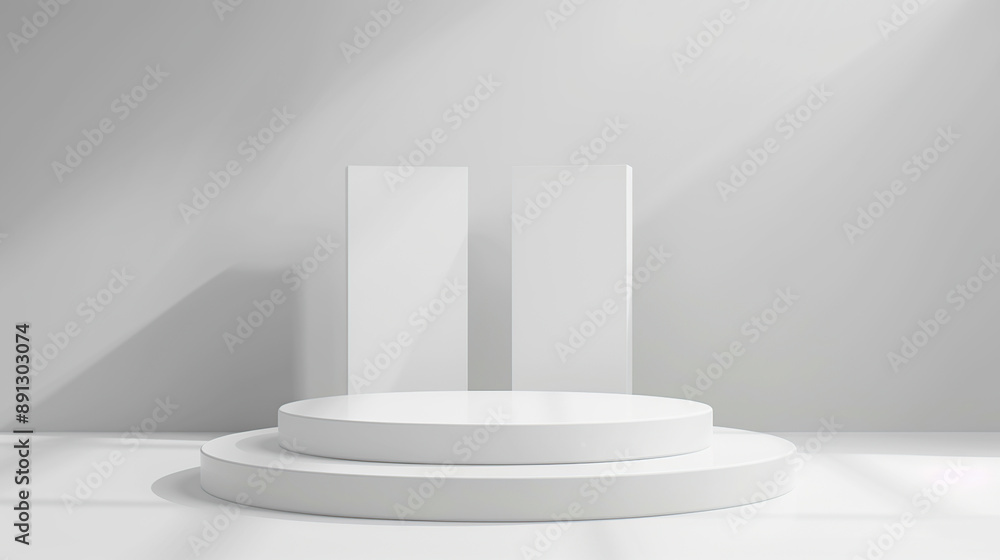 Poster 3d render of white podium with three vertical blocks on the round platform,
