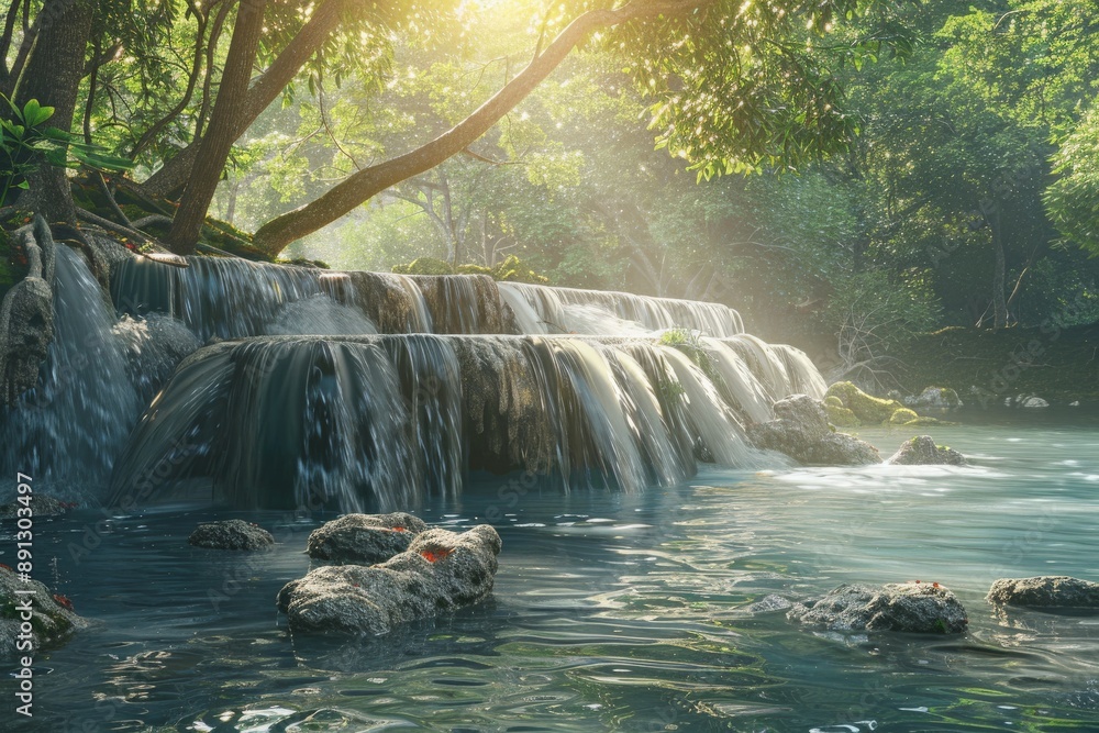 Poster sunlight illuminating tranquil waterfall cascading down rocks in lush forest