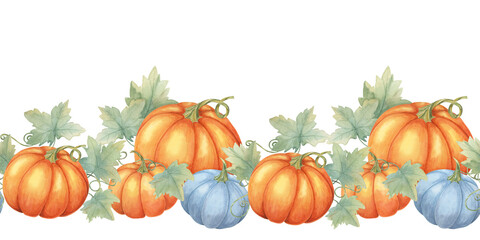 Pumpkin seamless border clipart presents a mix of orange and blue pumpkins with lush green leaves in watercolor. Autumn, Thanksgiving illustration for printables, banners, and fabric patterns
