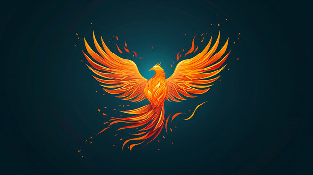 A beautifully illustrated phoenix in vivid orange and yellow hues with outstretched wings, symbolizing rebirth and renewal, captured against a dark background to highlight its fiery brilliance.