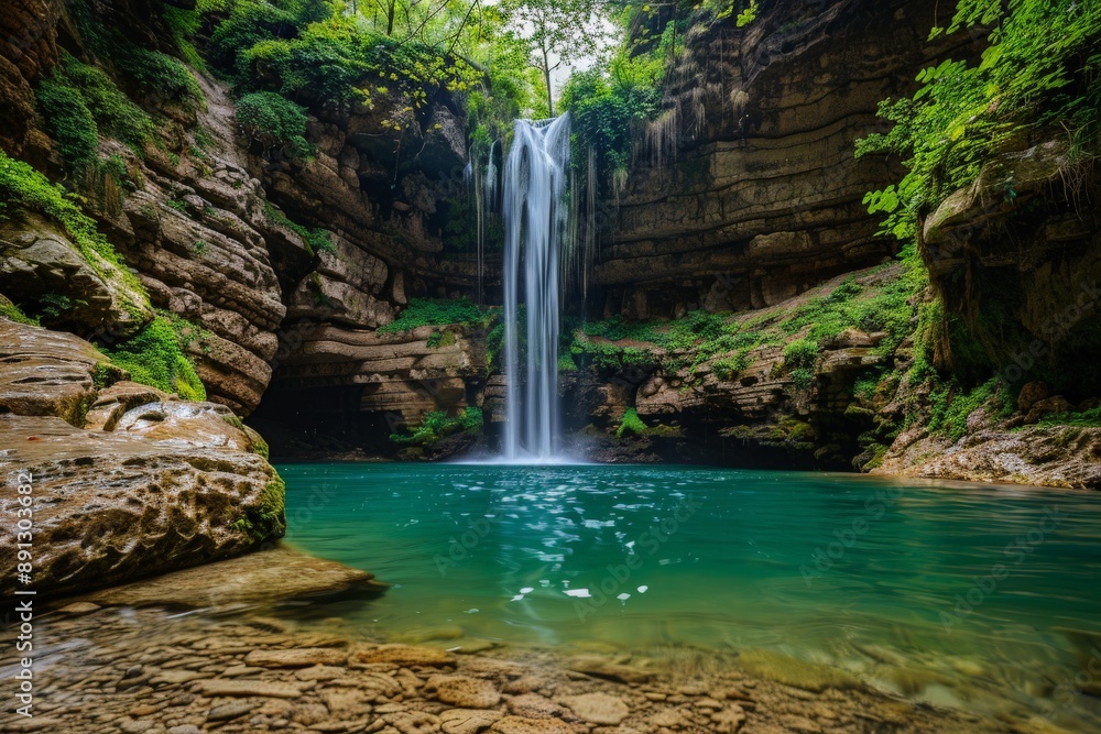 Poster waterfall cascading into tranquil turquoise pool in lush canyon