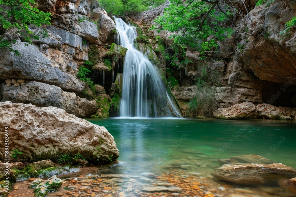 Poster waterfall cascading into a tranquil turquoise pool in a lush canyon