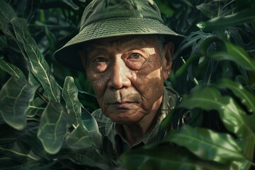 Fototapeta premium Senior farmer wearing a hat posing in lush foliage