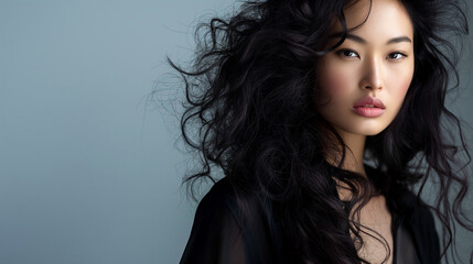 Naklejka premium A striking Asian woman with voluminous hair in a black outfit against a neutral background, exuding elegance.