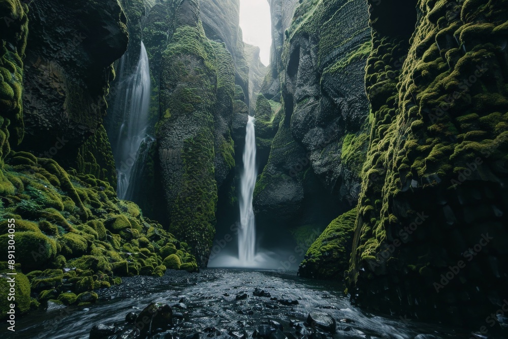 Poster powerful waterfall cascading through moss covered cliffs in iceland