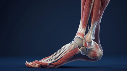 Anatomical illustration of the human leg, focusing on muscles and tendons around the foot in profile view. Detailed muscle fibers and hair are depicted with attention to realism. T