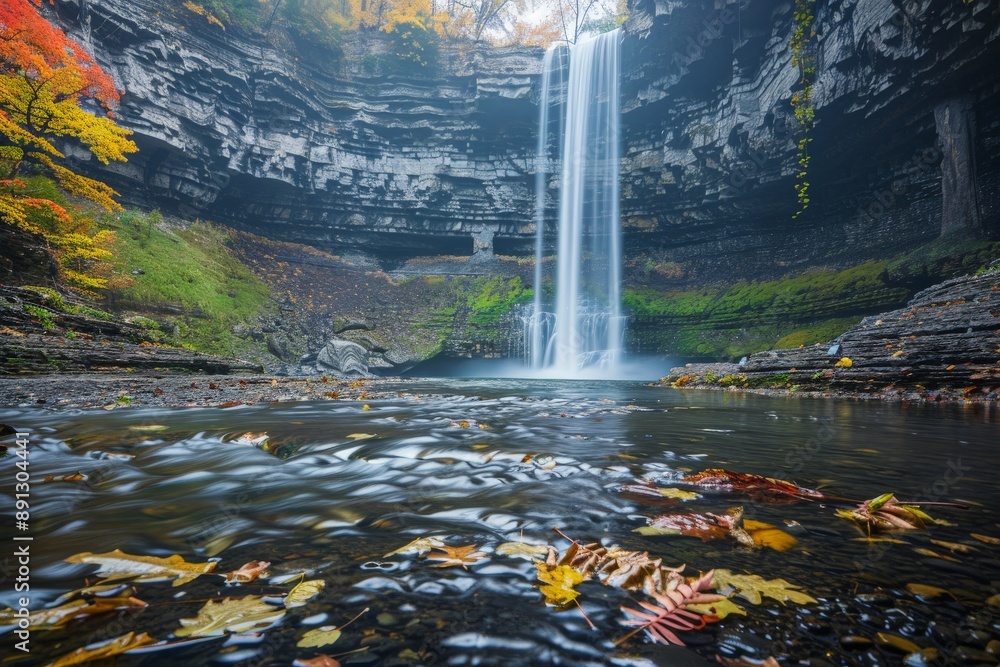 Poster waterfall cascading down rocky cliff in autumn forest