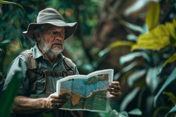 Fototapeta premium Biologist reading map analyzing data in tropical rainforest