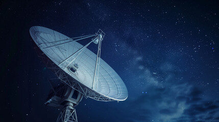 A large white satellite dish against the night sky, stars twinkling in the background. The scene is captured from an angle that highlights its size and shape, with detailed attenti