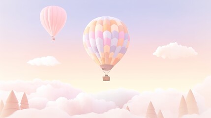 Naklejka premium Pastel hot air balloon floating over a dreamy landscape, with soft-colored hills and a gentle pastel sky