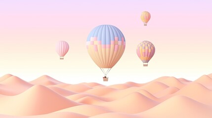 Obraz premium Pastel hot air balloon floating over a dreamy landscape, with soft-colored hills and a gentle pastel sky