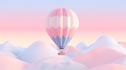 Obraz premium Pastel hot air balloon floating over a dreamy landscape, with soft-colored hills and a gentle pastel sky