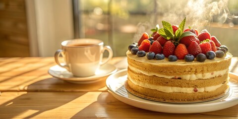 In the cozy ambiance of a quaint café, a delectable layered cake adorned with fresh strawberries and blueberries sits invitingly on the table. 