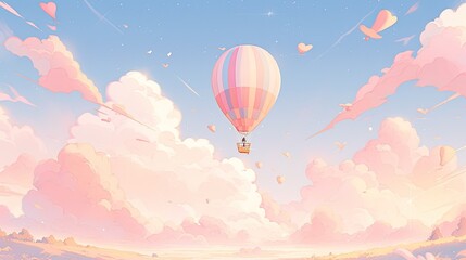 Fototapeta premium Pastel hot air balloon floating over a dreamy landscape, with soft-colored hills and a gentle pastel sky