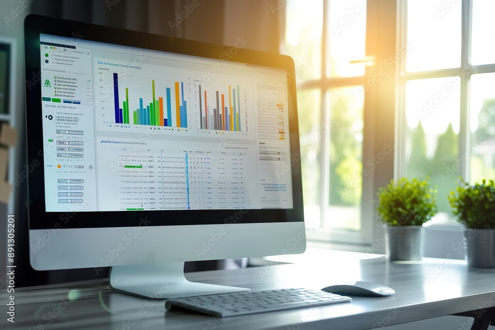 Poster bright office with computer screen displaying graphs and data