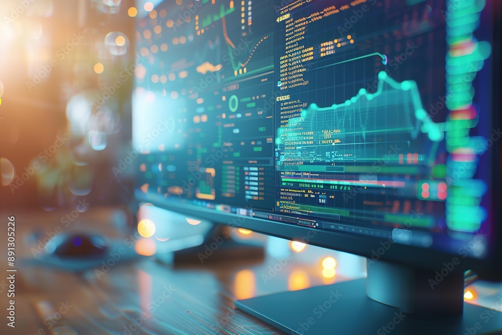 Poster computer monitors displaying vibrant stock market data graphs