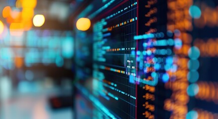 Abstract digital data streams in a server room with bokeh lights