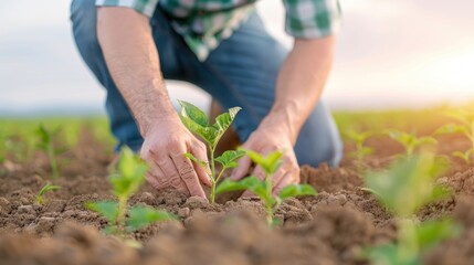 Fototapeta premium A farmer carefully inspects the soil quality in his field to ensure optimal growing conditions.