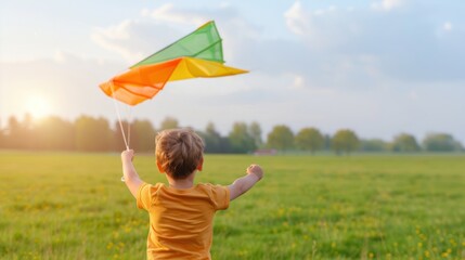 A cute boy flies a kite happily in a park, happy time on holidays.