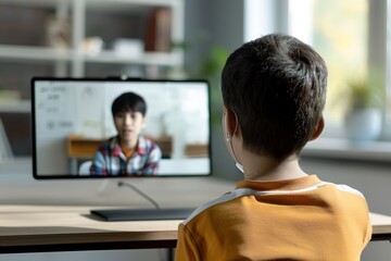 Boy attending online class, focused on screen