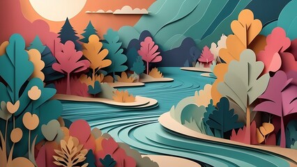 Fototapeta premium Paper cutout landscape with vibrant colors and clouds is perfect for childrens books, educational materials, travel posters, and greeting cards.