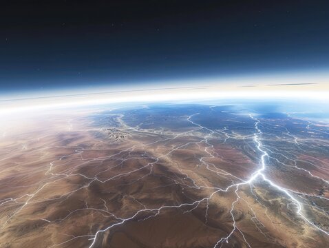 dramatic view of lightning storm over vast plain with the ozone layer visible as protective barrier against the elements The contrast between the storm and the clear sky is striking