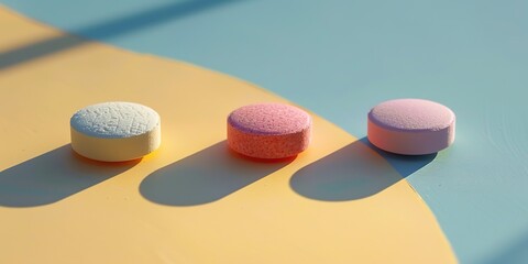 Three dissolvable vitamin discs on dual tone background