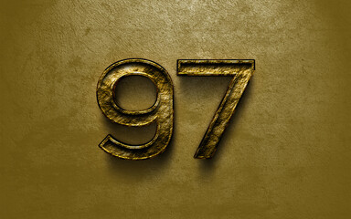 3D dark golden number design of 97 on cracked golden background.