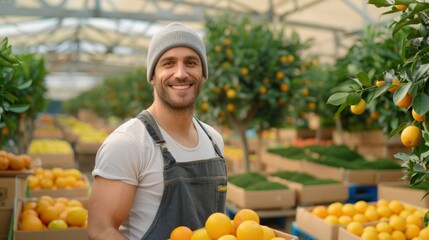 Obraz premium A modern farmer harvests organic oranges in the garden, using sustainable methods and advanced techniques to ensure high-quality produce and effective management.