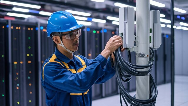 Maintenance worker inspecting cables at a 5G base station in a data center 