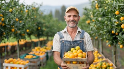 Obraz premium A modern farmer harvests organic oranges in the garden, using sustainable methods and advanced techniques to ensure high-quality produce and effective management.