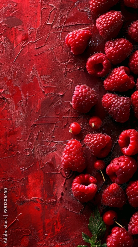 Poster top view of fresh raspberries and red currants on a rich red textured surface. ideal for food backgr