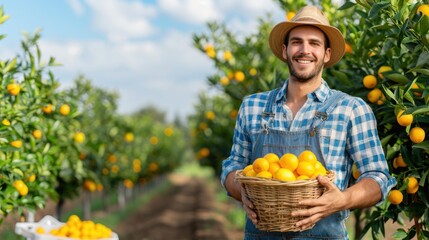Obraz premium A modern farmer harvests organic oranges in the garden, using sustainable methods and advanced techniques to ensure high-quality produce and effective management.