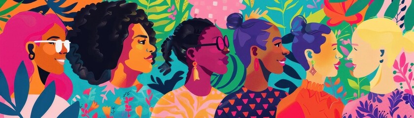 Colorful illustration of diverse people in vibrant tropical surroundings, showcasing unity and cultural harmony in a modern art style.
