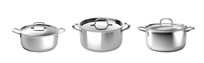 Set of stainless steel pots with lids are arranged in a row on a white background
