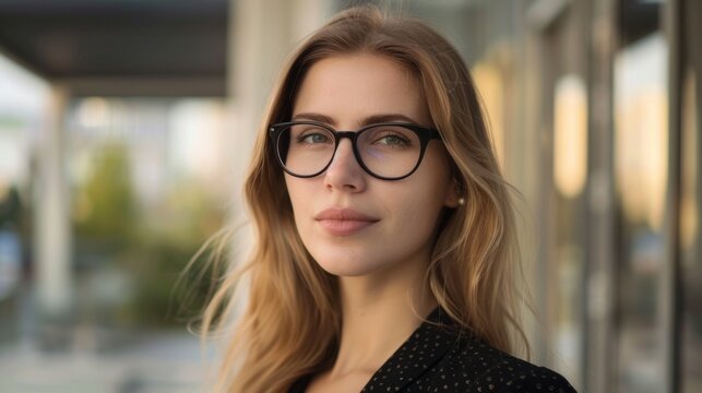 A woman with long blonde hair and glasses is standing in front of a building