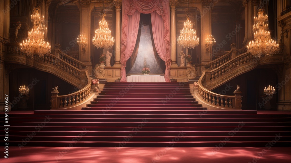 Poster a large, grand staircase with a red carpet leads to an empty stage with pink drapes and a large scre