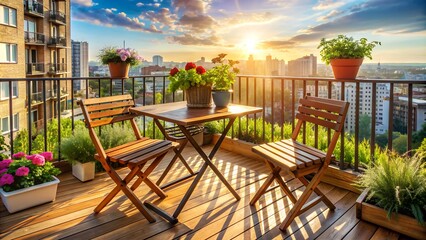 Fototapeta premium Small balcony garden enjoying golden hour sunlight