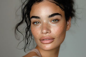 A stunning woman, aged 25, in a close-up shot showcasing her freckles, sun damage, full lips, and messy hair, with realistic skin tones and wrinkles on a plain light background
