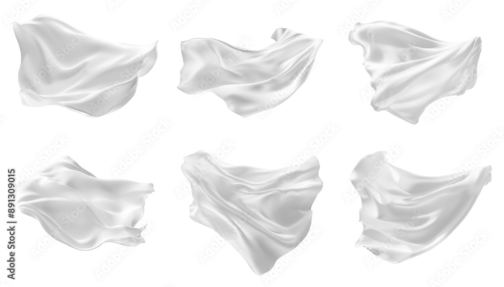 Poster set of white pieces of fabric are floating in the air against a white background. the fabric is flow
