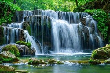 Fototapeta premium Wild waterfall cascading over rocks in lush green forest