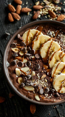 Obraz premium Fruit and chocolate smoothie in a deep bowl decorated with chocolate drops, banana, and crushed almonds with cocoa