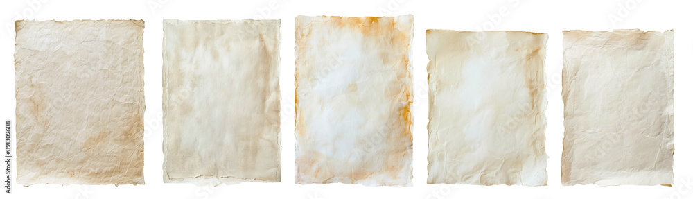 Poster set of vintage paper sheets with various levels of aging and wear, isolated on a white background. t