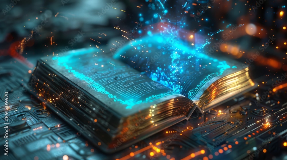 Poster open e book on a high-tech digital device with holographic elements in the background generative ai